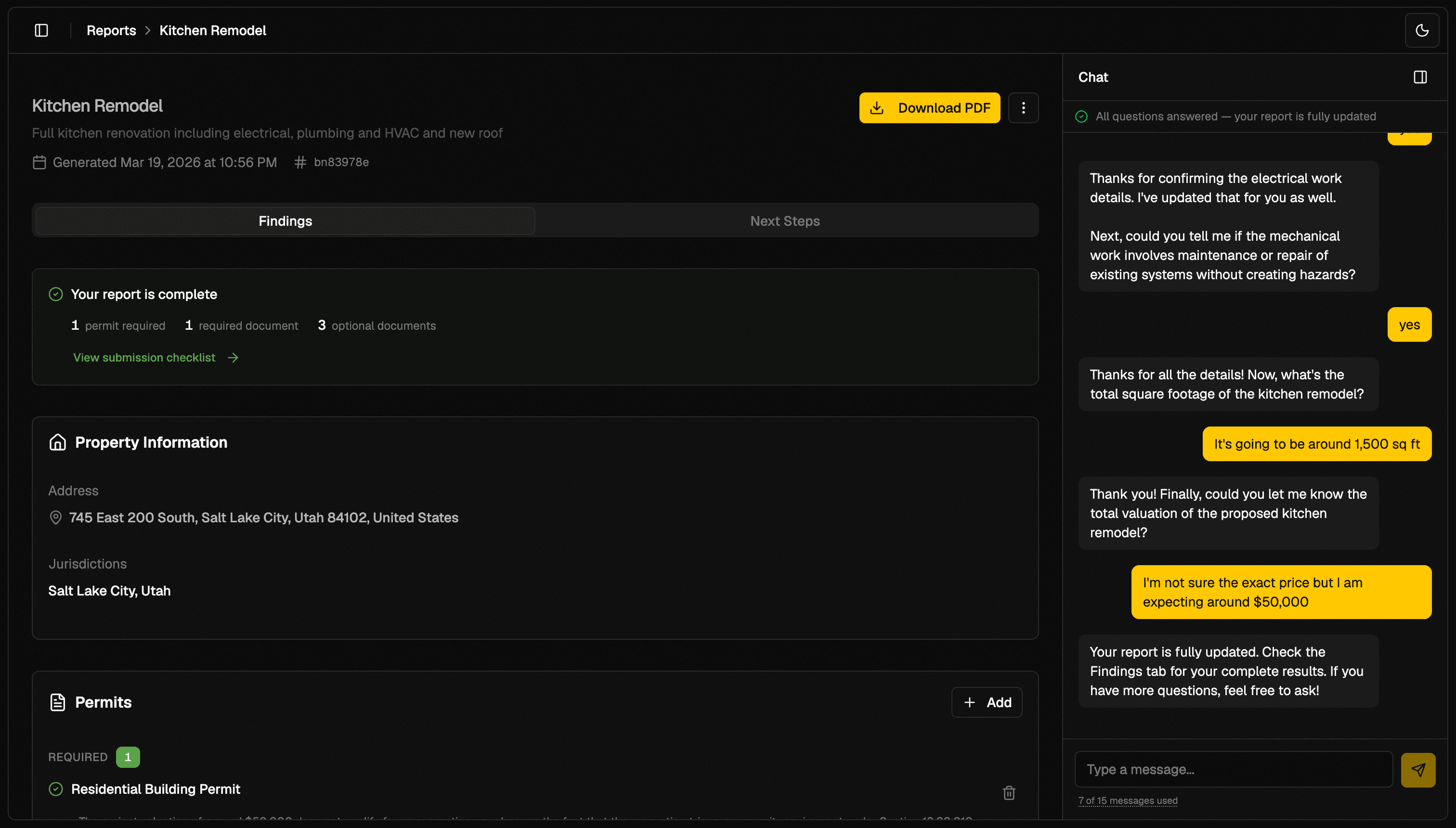 Permitz.ai kitchen remodel report with AI chat assistant